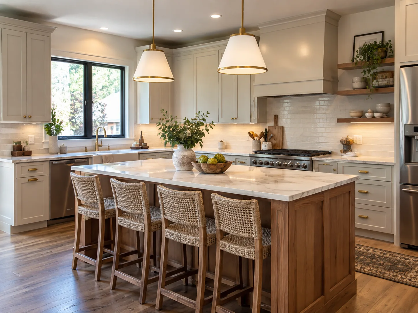 Custom white kitchen cabinets with a natural wood island and open shelves