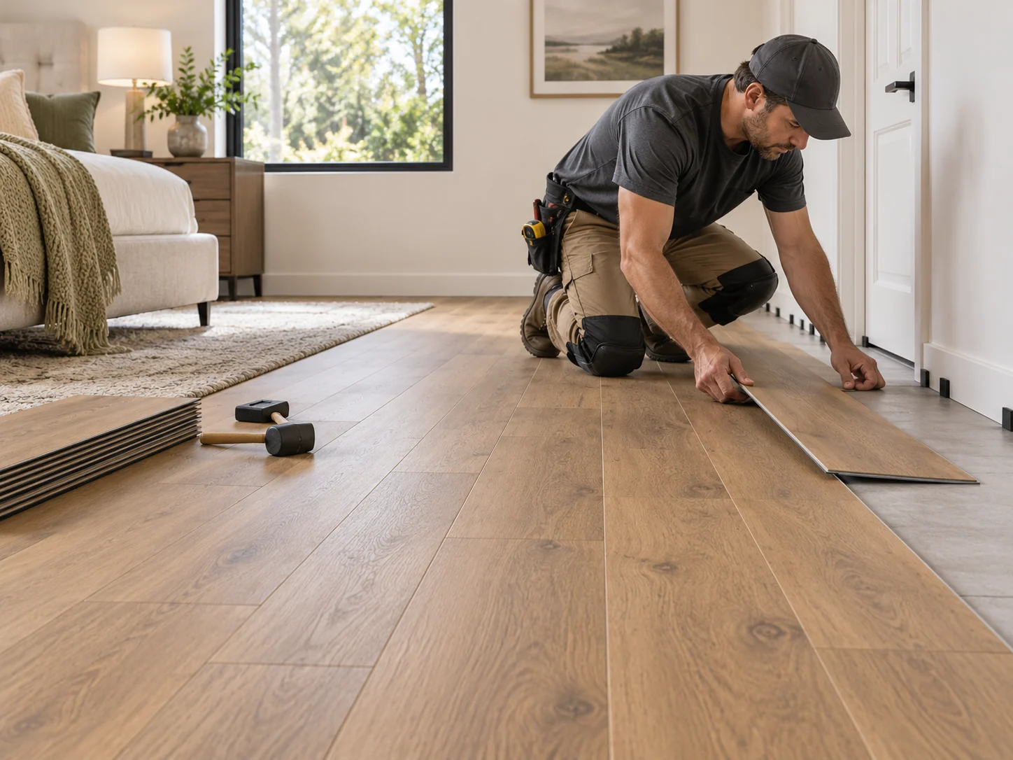 Professional installing wood-look plank flooring