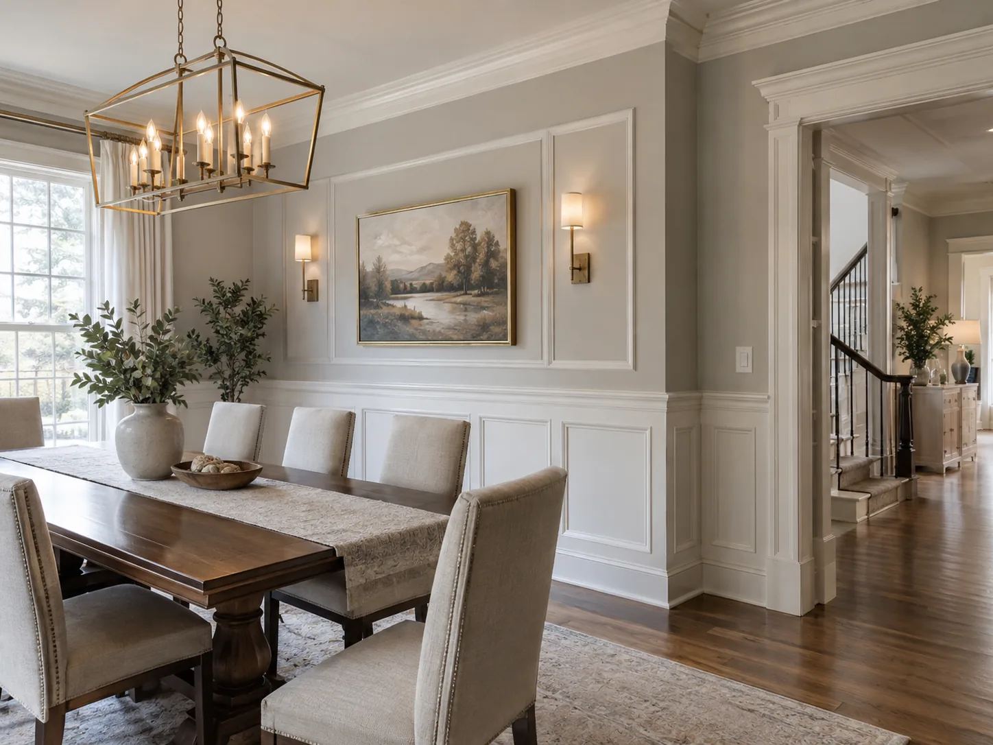 Remodeled dining room with wainscoting, picture-frame molding, and crown trim