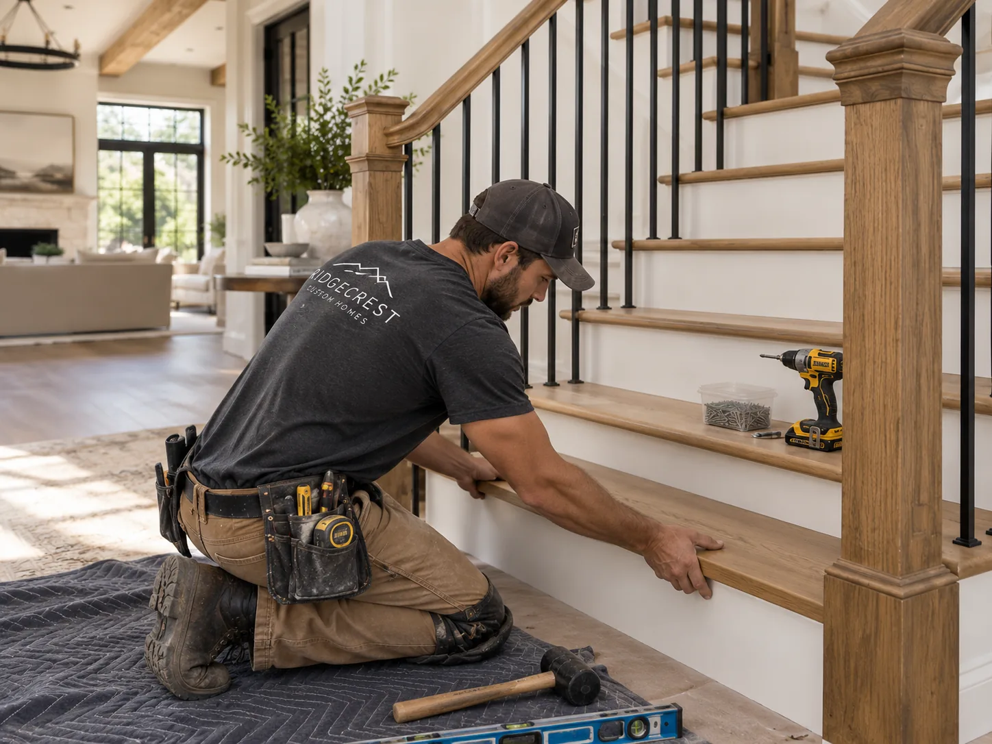 Carpenter fitting a finished wood tread during a staircase remodel